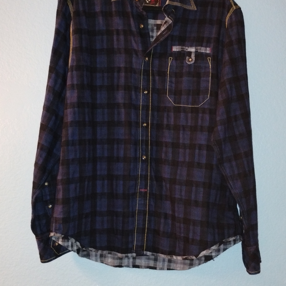 Men's Blue and Black Plaid Button-Down Shirt